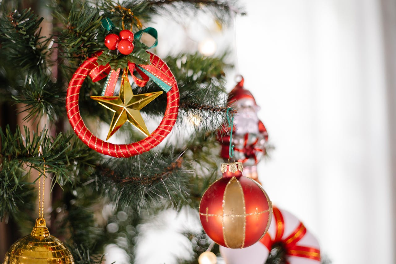 Close-up of colorful Christmas ornaments hanging on a tree branch indoors.
